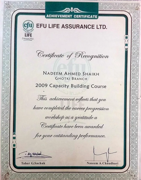 EFU Life 2009 Capacity Building Course certificate for Nadeem Ahmed Shaikh