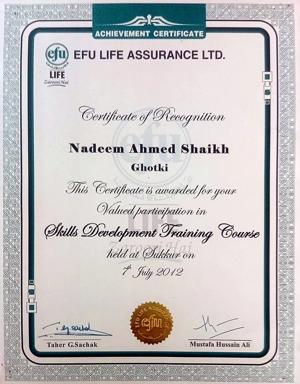 EFU Life 2012 Skills Development Training Course certificate for Nadeem Ahmed Shaikh