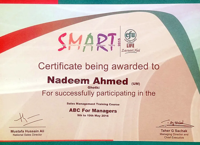 EFU Life 2016 Sales Management Training Course ABC for Managers certificate for Nadeem Ahmed